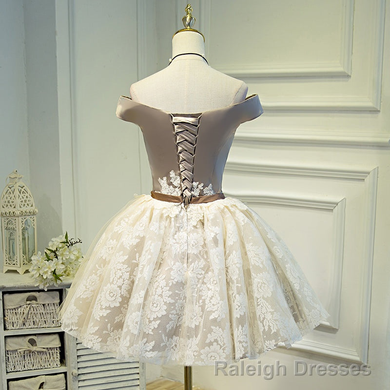 Light Champagne Lace and Satin Off Shoulder Prom Dress Homecoming Dress, Short Prom Dress