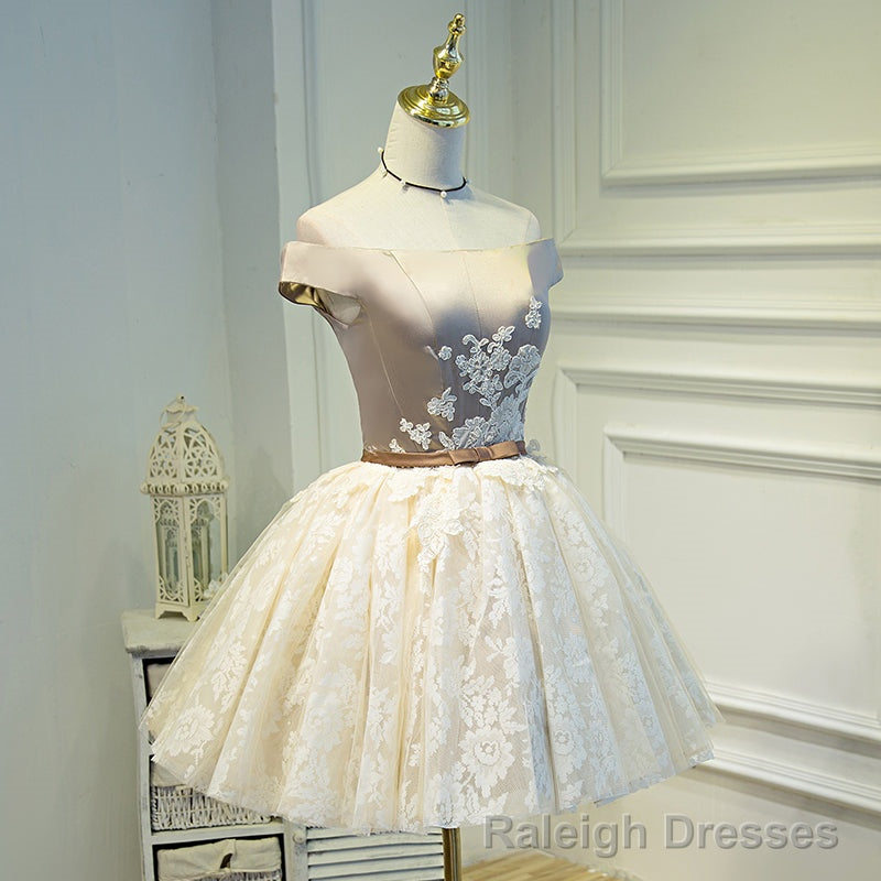 Light Champagne Lace and Satin Off Shoulder Party Dress Homecoming Dress, Short Prom Dress