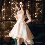 Light Champagne Lace Applique Short Sleeves High Low Party Dress, Short Homecoming Dresses