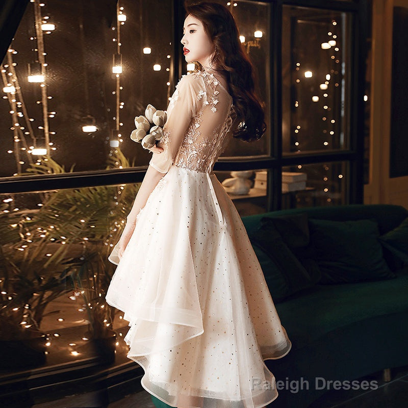 Light Champagne Lace Applique Short Sleeves High Low Party Dress, Short Homecoming Dresses