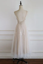 Light Champagne Lace Straps Sweetheart Prom Dresseses Tea Length Wedding Prom Dresses