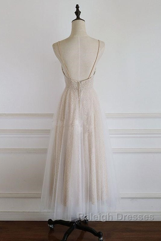 Light Champagne Lace Straps Sweetheart Prom Dresseses Tea Length Wedding Prom Dresses