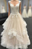 Light champagne lace tulle long wedding dress, lace evening dress