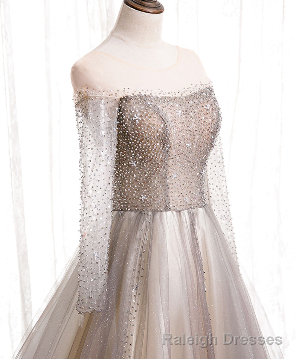 Light Champagne Long Prom Dress, A line Sequin Formal Evening Party Dress