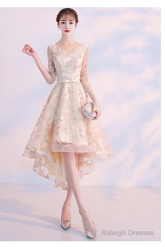 Light Champagne Lovely Lace High Low Homecoming Dress, New Short Prom Dress