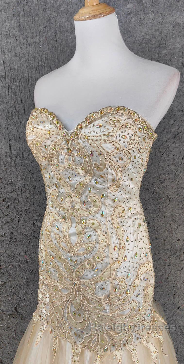 Light Champagne Mermaid Sweetheart Neck Beaded Tulle Long Ball Dresses Vintage Prom Dresses Secondary image