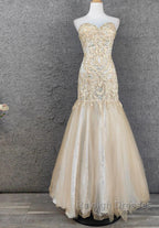 Light Champagne Mermaid Sweetheart Neck Beaded Tulle Long Ball Dresses Vintage Prom Dresses