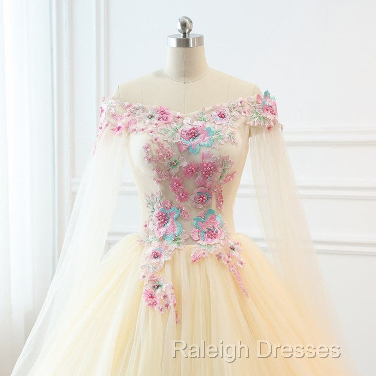 Light Champagne Off Shoulder Tulle With Flowers Formal Gown, Long Sweet 16 Dress Secondary image