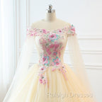 Light Champagne Off Shoulder Tulle With Flowers Formal Gown, Long Sweet 16 Dress