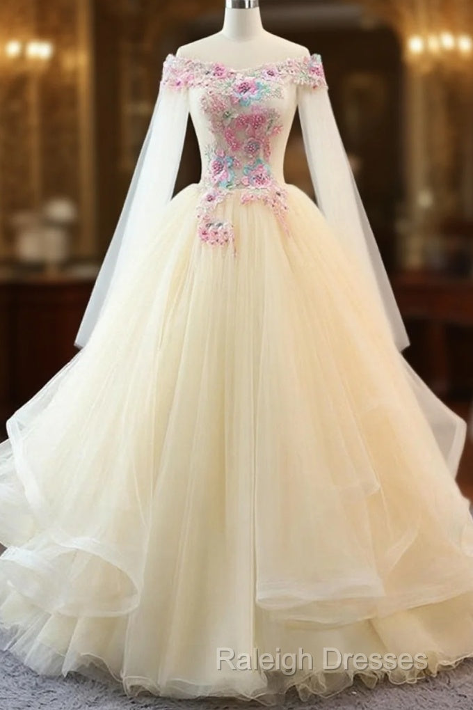 Light Champagne Off Shoulder Tulle With Flowers Formal Gown, Long Sweet 16 Dress Main image