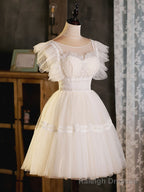 Light Champagne Round Neck Tulle Lace Short Prom Dress, Puffy Homecoming Dress