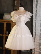 Light Champagne Round Neck Tulle Lace Short Prom Dress, Puffy Homecoming Dress