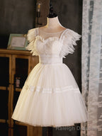 Light Champagne Round Neck Tulle Lace Short Prom Dress, Puffy Homecoming Dress