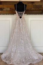 Light Champagne Sequin Lace A Line Prom Dress