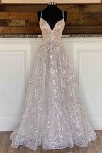 Light Champagne Sequin Lace A Line Prom Dress