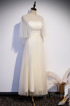 Light Champagne Short Sleeves Long Wedding Party Dress, Cute Prom Dress