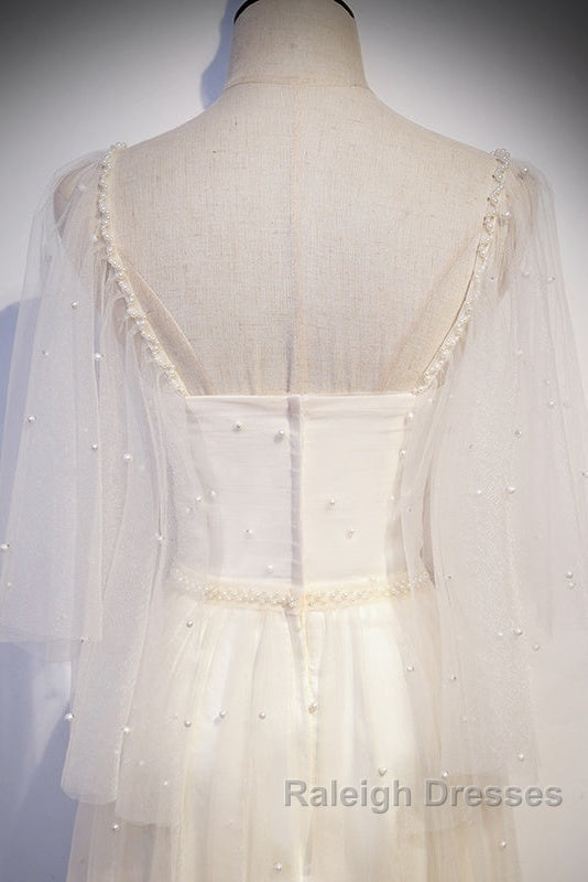 Light Champagne Short Sleeves Long Wedding Party Dress, Cute Prom Dress