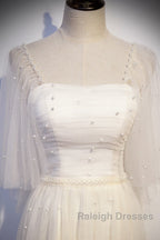 Light Champagne Short Sleeves Long Wedding Party Dress, Cute Prom Dress