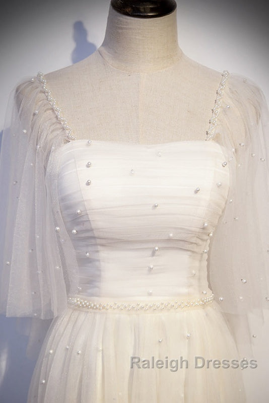 Light Champagne Short Sleeves Long Wedding Party Dress, Cute Prom Dress