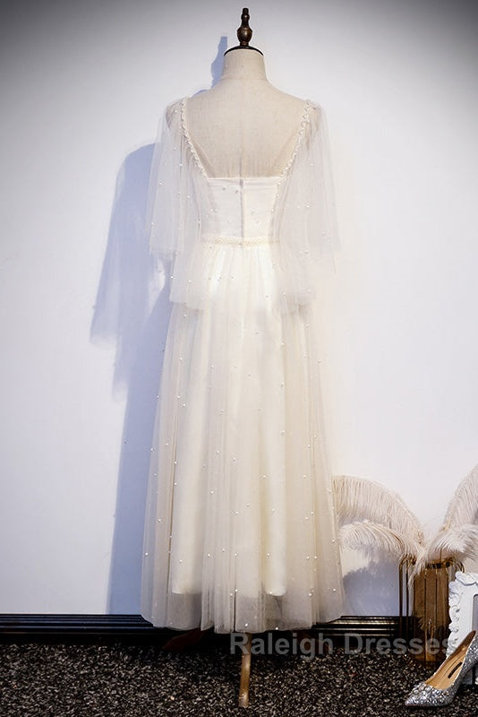 Light Champagne Short Sleeves Long Wedding Party Dress, Cute Prom Dress