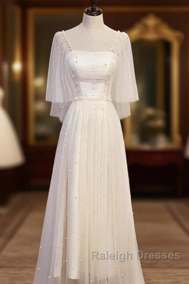 Light Champagne Short Sleeves Long Wedding Prom Dresses Cute Prom Dresses
