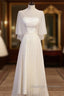Light Champagne Short Sleeves Long Wedding Prom Dresses Cute Prom Dresses