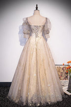 Light Champagne Short Sleeves Tulle Long Formal Dress, A-Line Floor Length Party Dresses