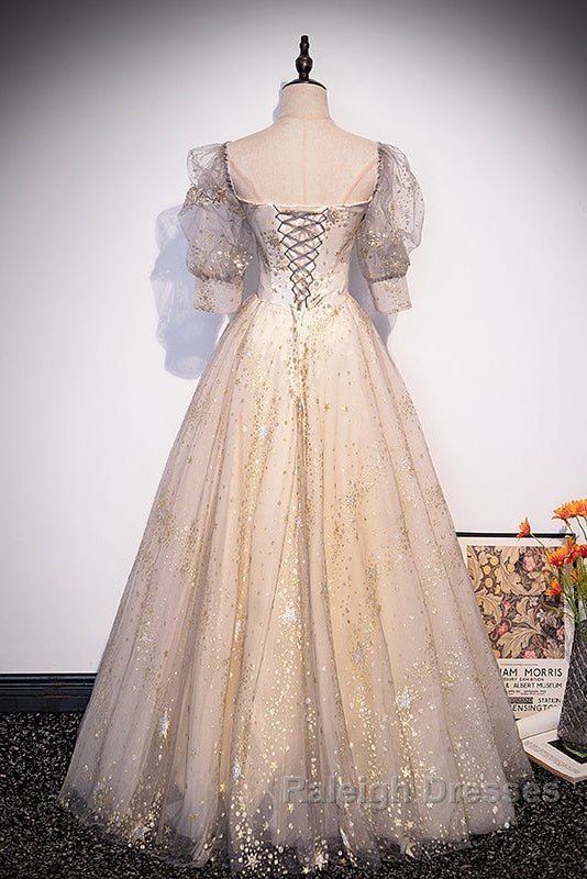 Light Champagne Short Sleeves Tulle Long Formal Dress, A-Line Floor Length Party Dresses