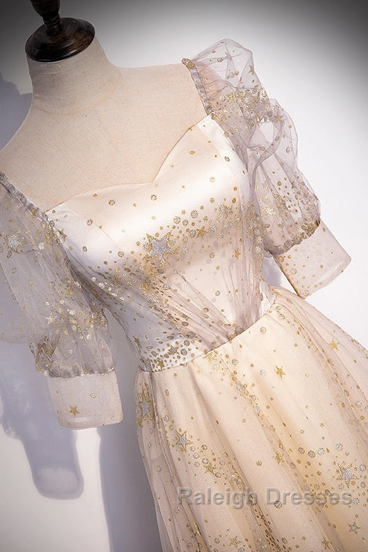 Light Champagne Short Sleeves Tulle Long Formal Dress, A-Line Floor Length Party Dresses