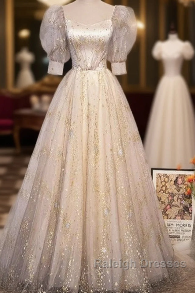 Light Champagne Short Sleeves Tulle Long Formal Dress, A-Line Floor Length Party Dresses Main image