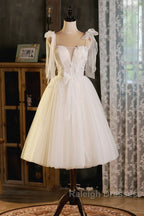 Light Champagne Spaghetti Strap Short Prom Dress, Cute A-Line Tulle Evening Party Dress