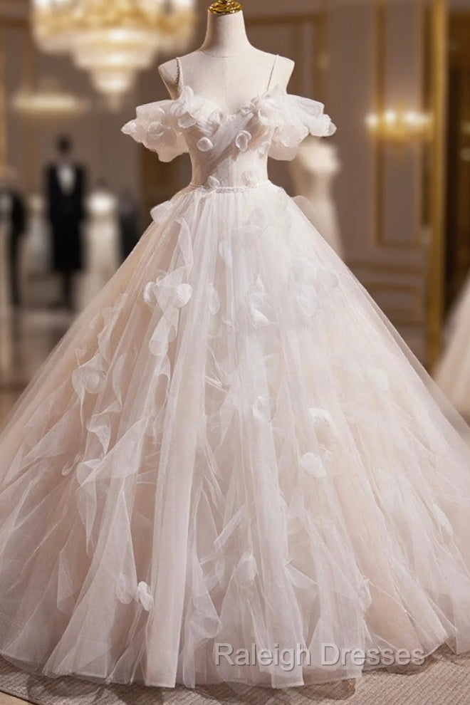 Light Champagne Spaghetti Strap Tulle Long Prom Dress, Beautiful A-Line Formal Evening Dress Main image