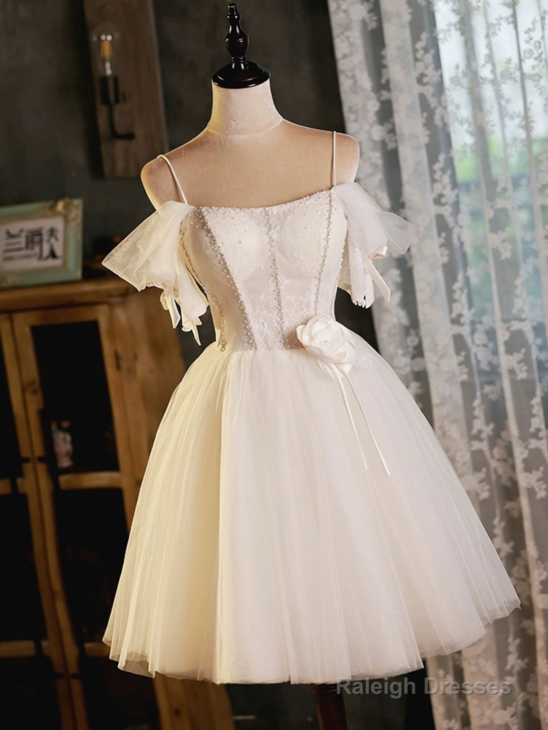 Light Champagne Spaghetti Strap Tulle Party Dress, Beautiful A-Line Evening Prom Dress Secondary image
