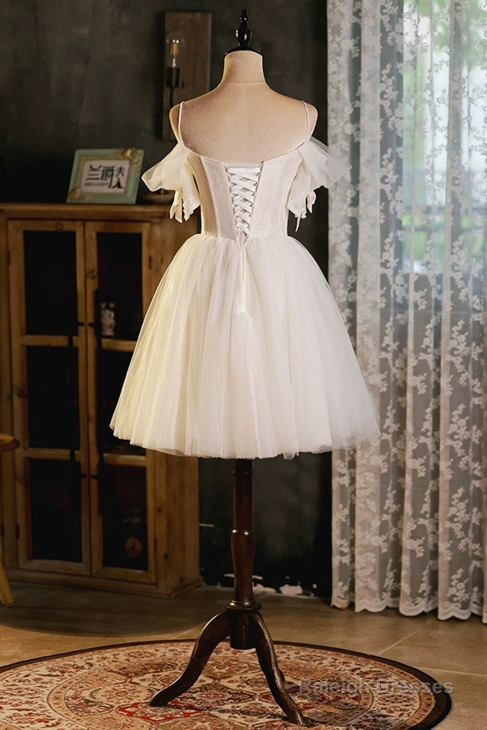 Light Champagne Spaghetti Strap Tulle Party Dress, Beautiful A-Line Evening Prom Dress