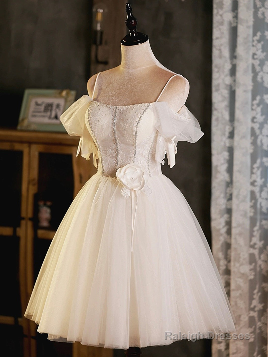 Light Champagne Spaghetti Strap Tulle Party Dress, Beautiful A-Line Evening Prom Dress Main image