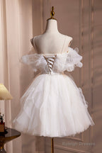 Light Champagne Spaghetti Strap Tulle Short Prom Dresses Beautiful A-Line Prom Dresses