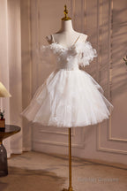 Light Champagne Spaghetti Strap Tulle Short Prom Dress, Beautiful A-Line Evening Party Dress