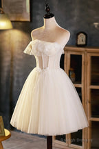 Light Champagne Strapless Tulle Short Prom Dresses With 3D Flowers Cute A-Line Prom Dresses