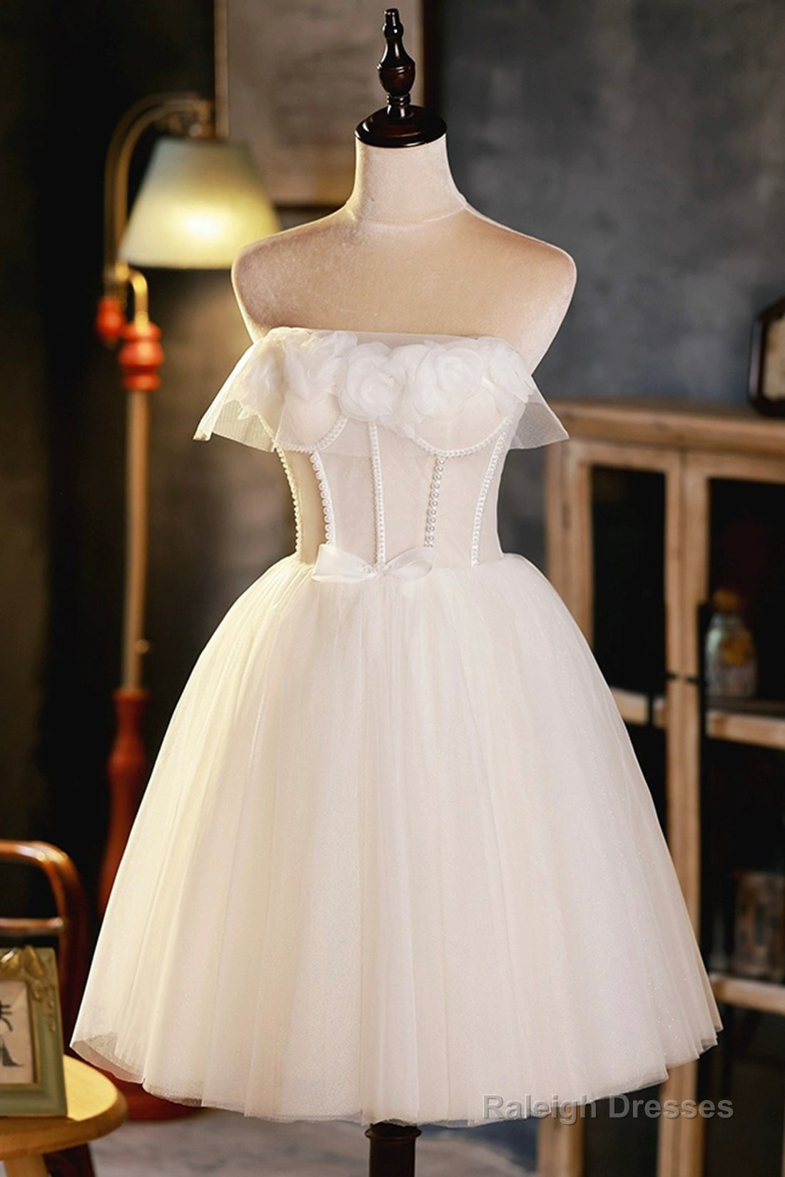 Light Champagne Strapless Tulle Short Prom Dress With 3D Flowers, Cute A-Line Party Dress Main image
