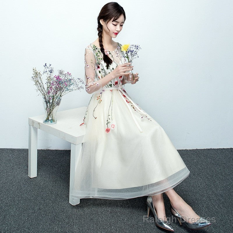 Light Champagne Tea Length Floral Lace Prom Dresses Bridesmaid Dresses Cute Short Prom Dress