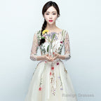 Light Champagne Tea Length Floral Lace Prom Dresses Bridesmaid Dresses Cute Short Prom Dress