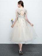 Light Champagne Tea Length Floral Lace Prom Dresses Bridesmaid Dresses Cute Short Prom Dress