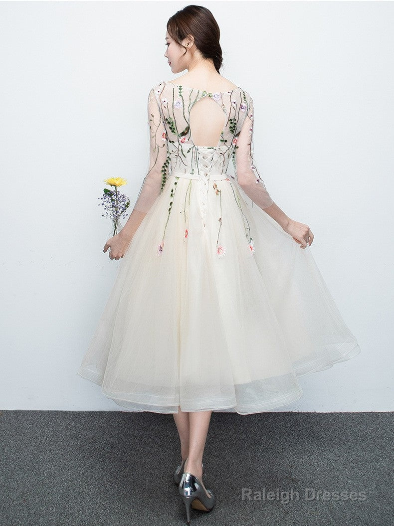 Light Champagne Tea Length Floral Lace Prom Dresses Bridesmaid Dresses Cute Short Prom Dress