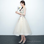 Light Champagne Tea Length Floral Lace Prom Dresses Bridesmaid Dresses Cute Short Prom Dress