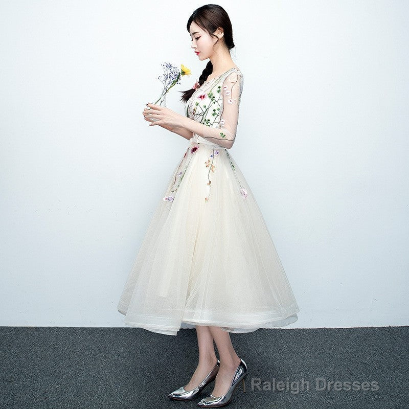 Light Champagne Tea Length Floral Lace Prom Dresses Bridesmaid Dresses Cute Short Prom Dress