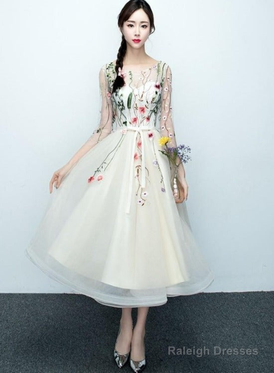 Light Champagne Tea Length Floral Lace Formal Dress Bridesmaid Dress, Cute Short Party Dresses Main image