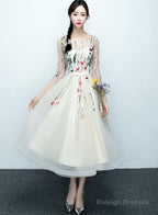 Light Champagne Tea Length Floral Lace Prom Dresses Bridesmaid Dresses Cute Short Prom Dress