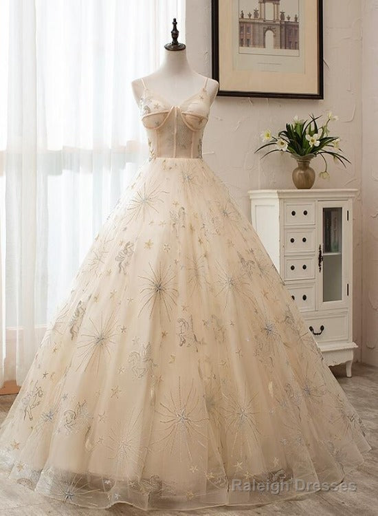 Light Champagne Tulle Ball Gown Straps Sweet 16 Gown, Ball Gown Long Formal Dress Main image