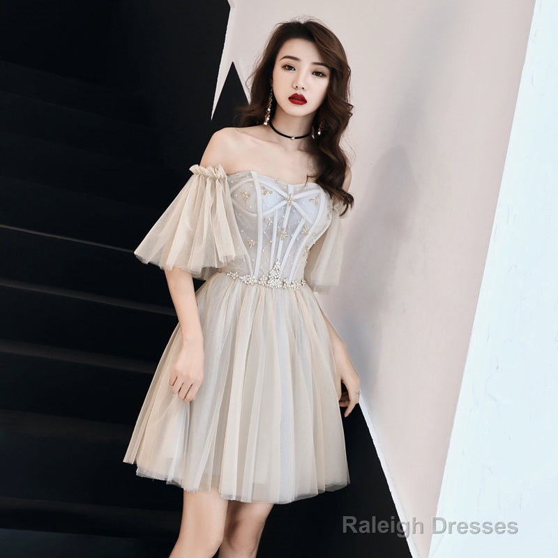 Light Champagne Tulle Beaded Sweetheart Homecoming Dress, Short Prom Dress