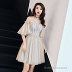 Light Champagne Tulle Beaded Sweetheart Homecoming Dresses Short Prom Dresses